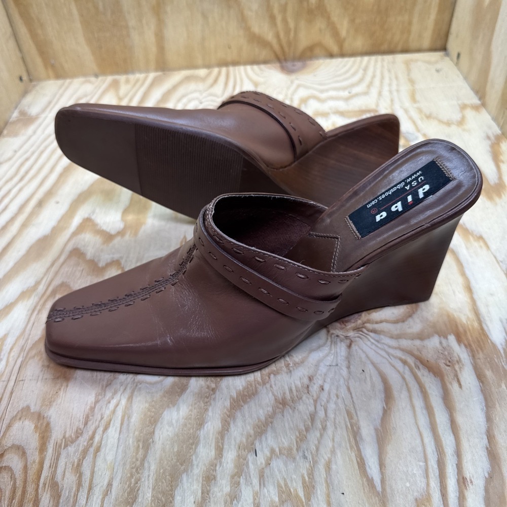 DIBA Brown Leather Mules Women's 8M Square Toe Minimalist Office Chic Shoes